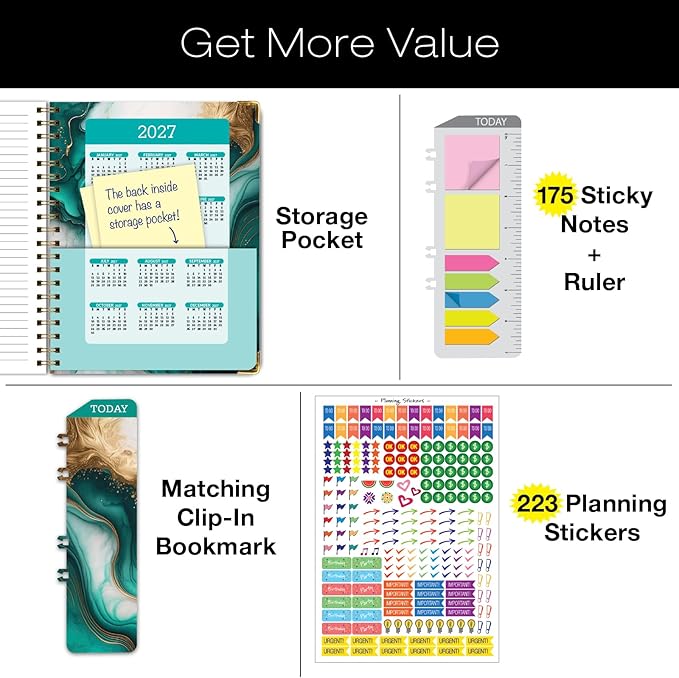 HARDCOVER 2026 Planner, 8.5"x11": 14 Months (November 2025 - December 2026), Daily Weekly Monthly Planner, Yearly Agenda, Bookmark, Pocket Folder and Sticky Note Set (Teal Gold Marble)