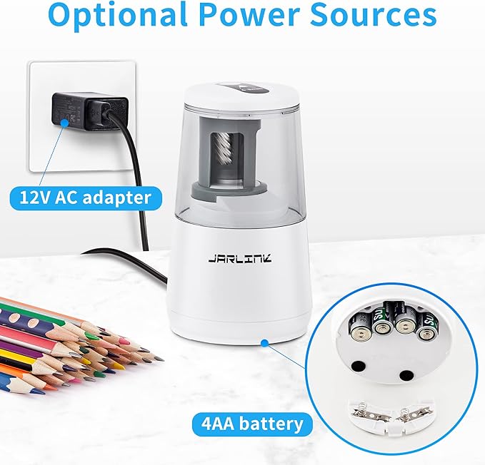 JARLINK Electric Pencil Sharpener, Heavy-Duty Helical Blade to Fast Sharpen, Auto Stop for No.2/Colored Pencils(6-8mm), AC Adapter/Battery Operated in School Classroom/Office/Home (White)