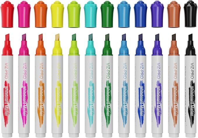 VIZ-PRO Dry Erase Markers, Chisel Tip, Assorted Colors, 12-Count Low-Odor Whiteboard Pens