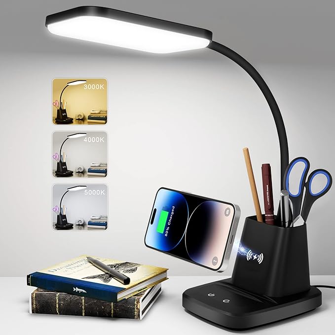 Sailstar Desk Lamp, LED Desk Lamps for Home Office, Wireless Charger Small Desk Lamp with Pen Holder, 3 Color Modes, Dimmable, CRI 85, 800LM, Study Lamps for College Dorm Room, Adapter Included, Black