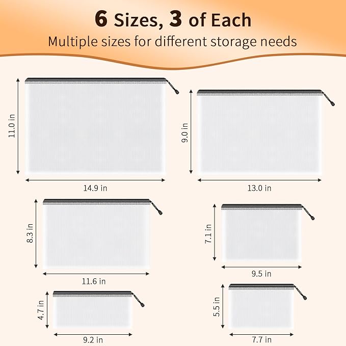 Umriox Zipper Mesh Document Pouch, 6 Assorted Size (Black, 18 Packs), Clear Zipper Pouches, Waterproof Travel Pouch for Office Supplies, Puzzles, Board Games and Craft Projects