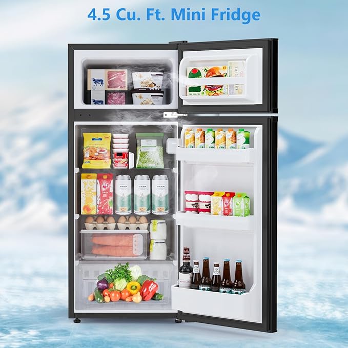 4.5 Cu.Ft Mini Fridge with Freezer, 2 Door Compact Refrigerator, Small Fridge with Adjustable Thermostat Energy Ultra Quiet, Mini Fridge Removable Glass Shelves for Bedroom Office Dorm Black