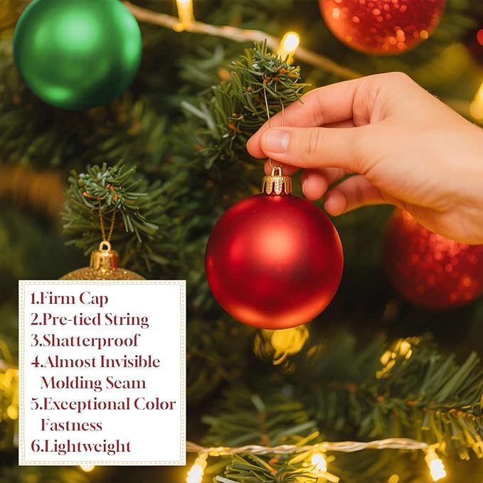 Christmas Tree Decorations Ornament Set, 60ct 2.36 Inches Red Green and Gold Shatterproof Christmas Ball Ornaments, Hanging Ball for Xmas Holiday Wedding Party Decor