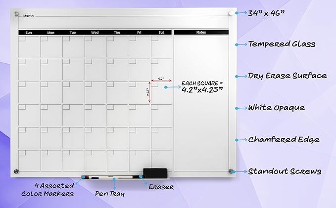 Real Glass Dry Erase Monthly Calendar, Giant Size 34" x 46", White Tempered Glass Surface, Frameless Wall Mount, with 4 Assorted Color Markers and Eraser, by Better Office Products (Bright White)