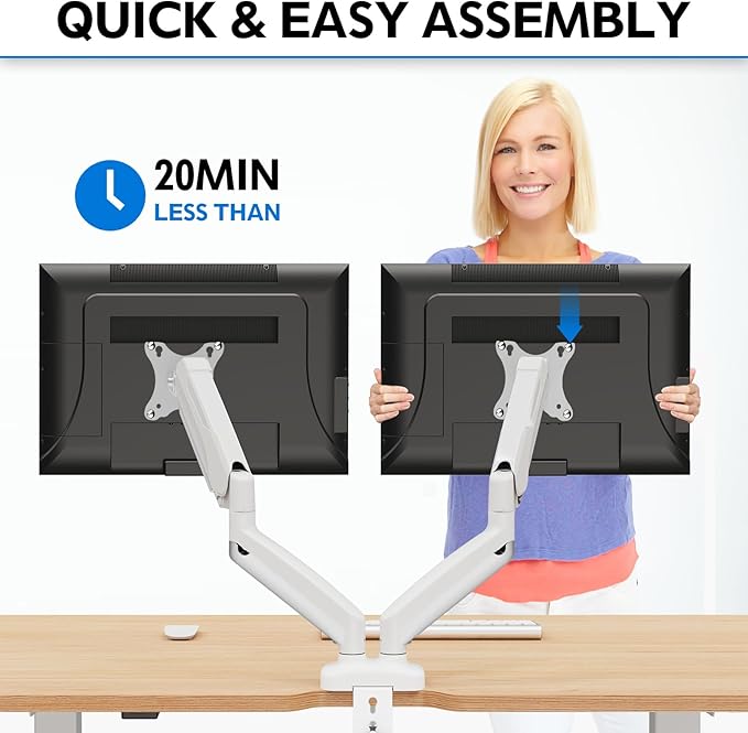 MOUNTUP Dual Monitor Stand for Desk, Pneumatic Monitor Arms for 2 Monitors Max 32 Inches, Height Adjustable Double Monitor Mount, VESA Mounts with C-Clamp & Grommet Base, Holds 4.4-17.6lbs, White