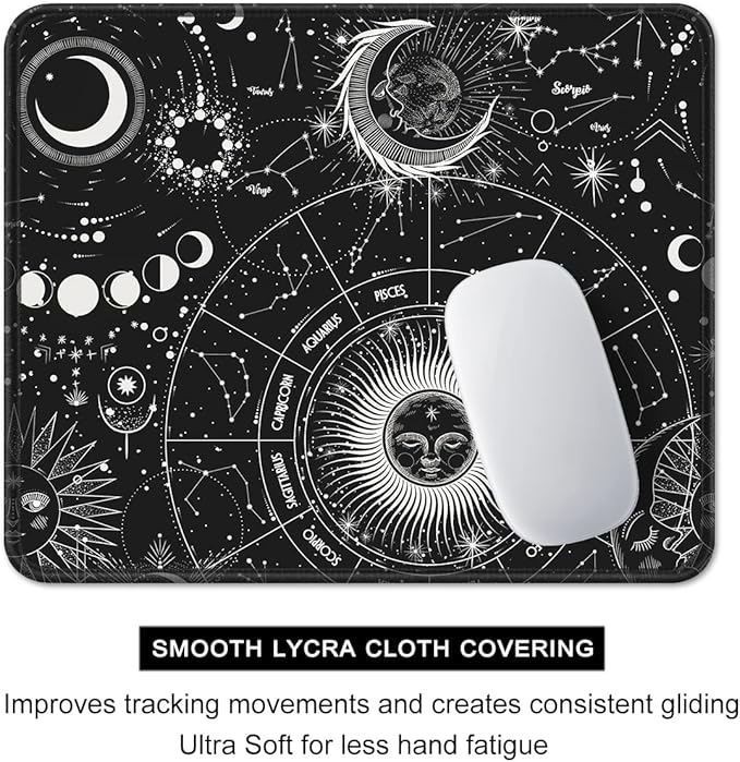 Auhoahsil Mouse Pad, 12 x 10 in Tarot Style Sun Moon Computer Mouse Pad for Desk, Premium-Textured Non-Slip Rubber Stitched Edges Waterproof Square Mouse Mat for Gaming Work Wireless Mice, Black