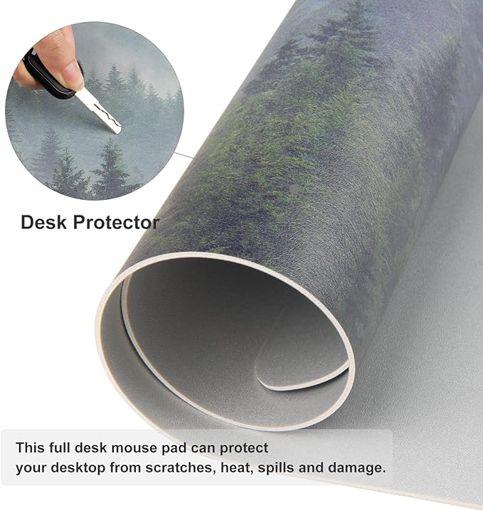 Colorful Star Large Mouse Pad, PU Leather Waterproof Desk Mat, Computer Gaming Mouse Pad, XXL Full Desk Mousepad Non Slip Desk Pad for School Office Home 31.5" x 15.7" - Foggy Forest Valley