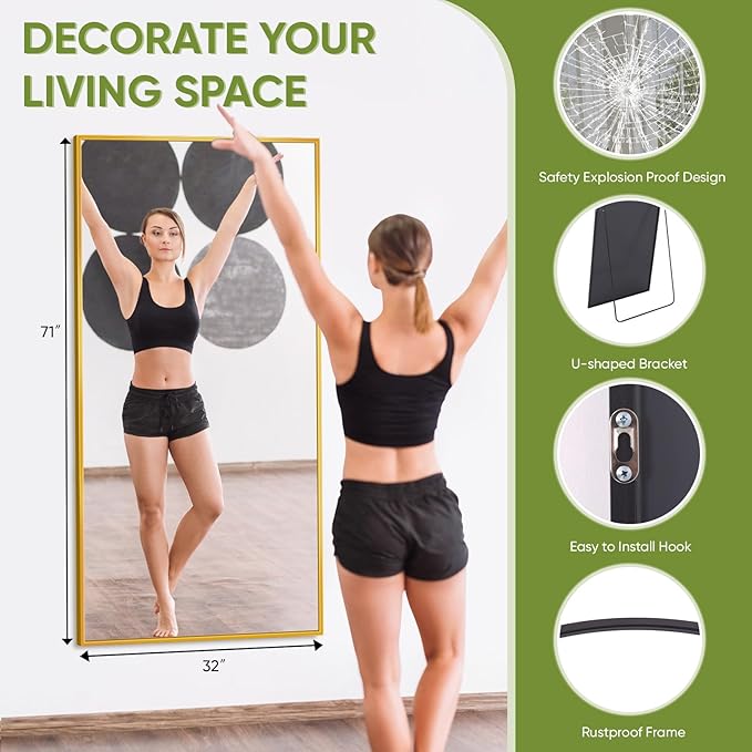 Full-Length Floor Mirror with Stand, 71"x32" Rectangle Style Full Body Standing Mirror for Bedroom, Living Room, Gym, Dorm - Shatter-Resistant & Easy Assembly, Gold