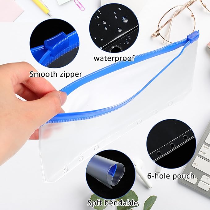40 Pieces 6 Ring Binder Zipper Pouch, 6 Hole Binder Pockets with Zipper Bulk Folders A6 Plastic Pouch Colorful Loose Leaf Bags Waterproof PVC Document Filing Bag