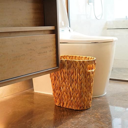 PINXIURY Bathroom Wicker Trash Can Handwoven Wicker Waste Basket with Built-in Handles Water Hyacinth Garbage Can for Bedroom Office Kitchen 100% Handmade 13" L x 7.5" W x 12.2" H, 3.2 Gallon