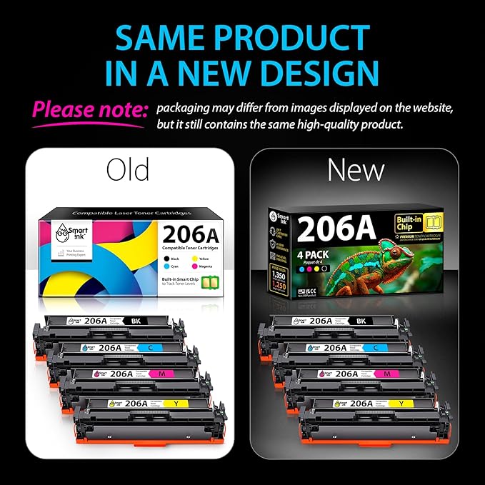 Smart Ink Compatible 206A Toner Replacement for HP 206A Toner Cartridges 4 Pack 206X with Chip to use with Color Laserjet Pro MFP M283fdw M283cdw Laserjet Pro M255dw M255nw (Black Cyan Magenta Yellow)