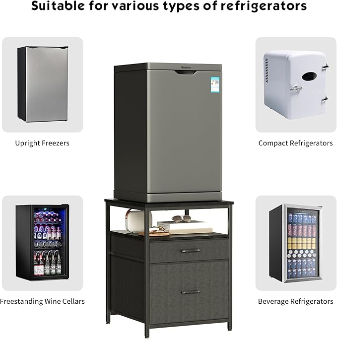 Mini Fridge Stand with 3 Storage, Mini Fridge Cabinet, Beverage Fridge Table, Heavy Duty 21.3" L* 22.7" W Tabletop, for Dorm, Apartment,Office, Bedroom Black HB01BXB