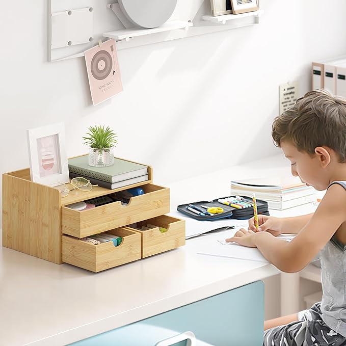 Desk Organizer With Drawers - Bamboo Wood Desktop Mail Organizer Storage Box for Office Home Bathroom Vanity Dresser Top, No Assembly Required (3 Drawers)