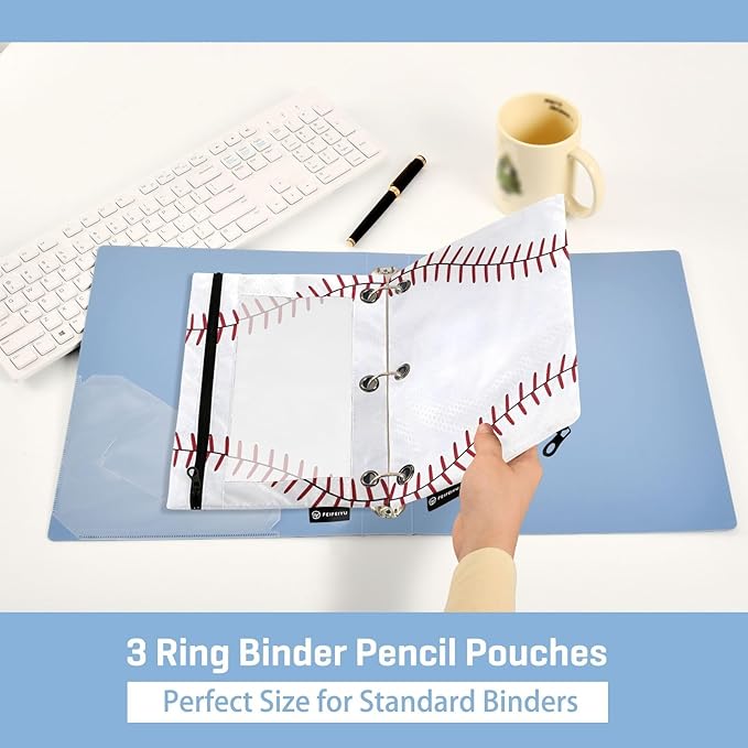 ALAZA Pencil Pouch for 3 Ring Binder, Baseball Themed Red Lace Binder Pencil Pouches with Clear Window Zipper Pencil Case Cosmetic Bags for Office College Supplies, 2PCS