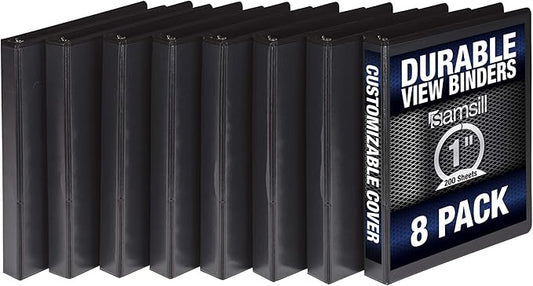 Samsill Durable 1 Inch Binder, Made in the USA, Round Ring Customizable Clear View Binder, Black, 8 Pack (S88430)