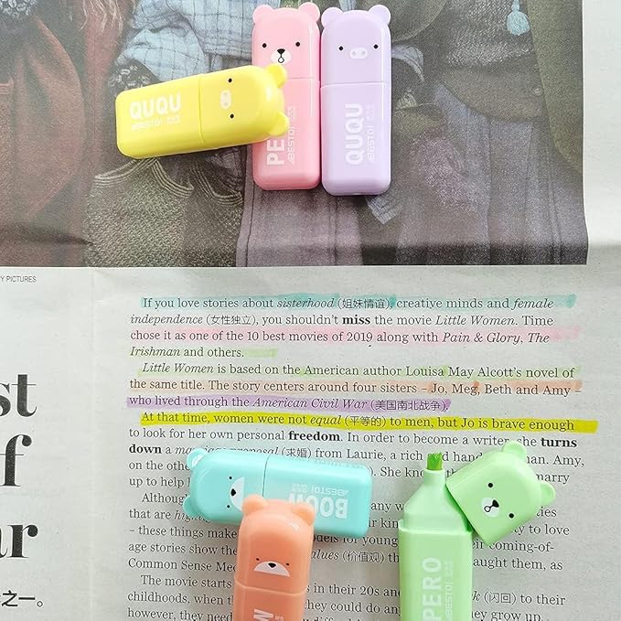 Leery Novelty Cute Mini Bear Highlighter Pens & Assorted Macaron Colors Chisel Tip Pastel Pens for Office,Writing & School Office Supplies (6)