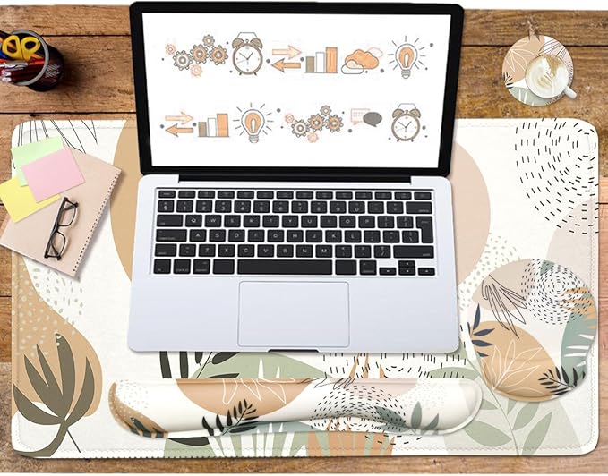 4-in-1 Gaming Mouse Pad Wrist Support Set，Desk Pad + Mouse Pad with Wrist Rest + Keyboard Wrist Rest + Coaster, Ergonomic Design for Home Office Study Game - Plant