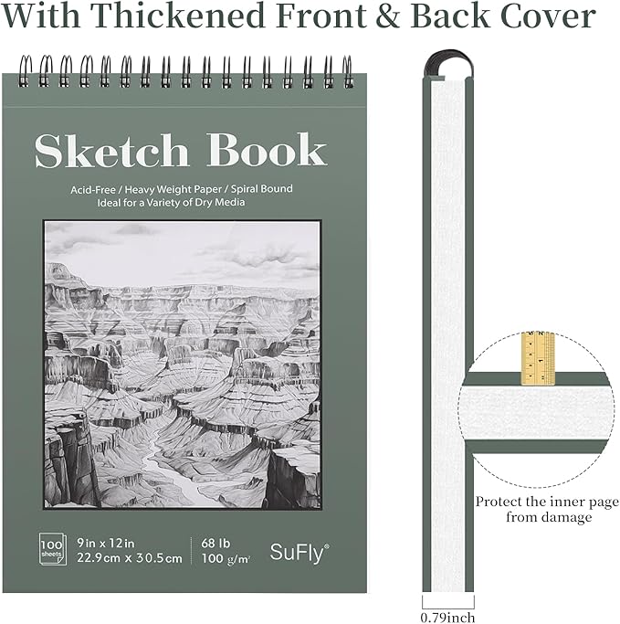 SuFly Sketch Book 9x12, Drawing Paper Pad-68lb/100gsm, Top Spiral Sketchbook Hardcover, 100 Sheets Sketch Pad for Kids Classroom Art Supplies for Adults-Sketchpad for Drawing, Illustration & Art Stuff