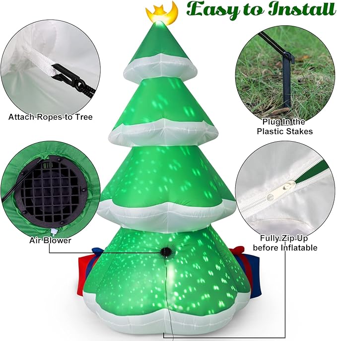 Outdoor Christmas Inflatables Decorations, 8FT Inflatable Christmas Tree with Build in Rolated Snowflake Lights, Blow up Inflatable Tree with Gift Boxes and Moon for Christmas Party Indoor, Outdoor,