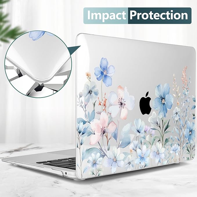 DONGKE Compatible with MacBook Air 13 inch Case 2021 2020 2019 2018 Release A2337 M1 A2179 A1932 with Retina Display & Touch ID, Plastic Hard Shell & Keyboard Cover - Blue Flowers