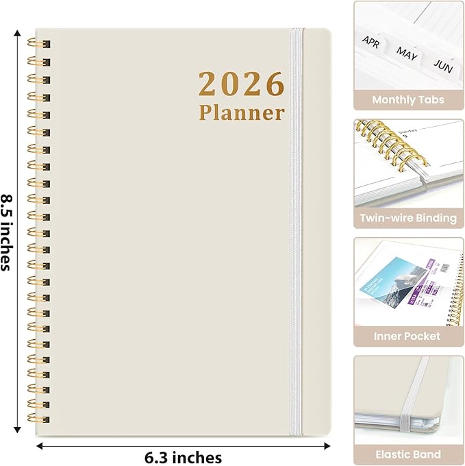 2026 Planner, Weekly and Monthly Calendar Planner, January 2026 - December 2026, Hardcover 2026 Calendar Planner Book with Tabs For Women & Men, Inner Pocket, Spiral Bound, Perfect for Office Home School Supplies - A5 (6.3" x 8.5"), Beige