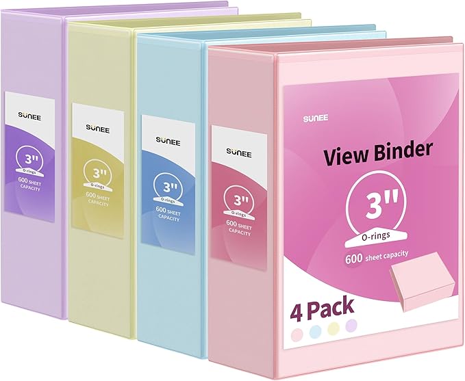 SUNEE 3 Ring Binder 3 Inch 4 Pack, 3" Clear View Binder Three Ring PVC-Free (Fit 8.5x11 Inches) for School or Office Supplies, Assorted Pastel