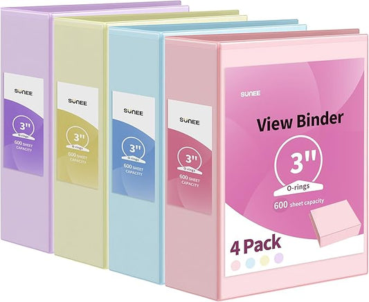 SUNEE 3 Ring Binder 3 Inch 4 Pack, 3" Clear View Binder Three Ring PVC-Free (Fit 8.5x11 Inches) for School or Office Supplies, Assorted Pastel