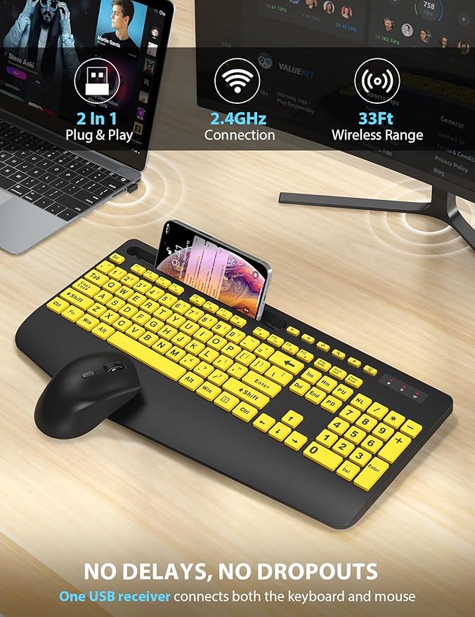 Wireless Keyboard and Mouse Combo - Large Print Ergonomic Keyboard with Wrist Rest, Phone Holder, Sleep Mode, Silent 2.4GHz Keyboard Mouse Set for Computer, Laptop, PC, Mac, Windows - Trueque