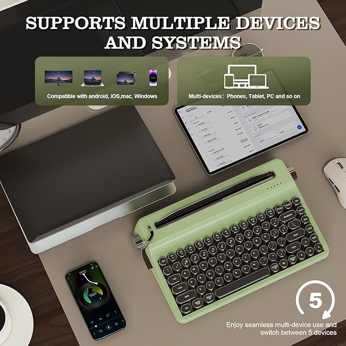 YUNZII QL75 Wireless Typewriter Hot Swap Retro Mechanical Keyboard,Punk Round Keycaps,RGB Backlit QMK/VIA Programmable, Multi-Device Keyboard with 2.4GHz/Type-C/BT5.0 (Green, Cocoa Cream V2 Switch)