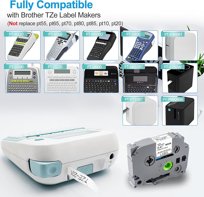 8P Flexible Label Tapes Compatible with Brother P Touch Label Tape TZe-FX231 Tape 12mm 0.47 Laminated White, Flexible-ID Wire Cable Labels Compatible with Brother Ptouch PT-D210 PT-D400 PTH100