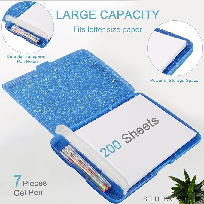 Glitter Clipboard with Storage,Storage Clipboard with Pen Holder,A4 Binder Clip Boards 8.5x11 with Low Profile Clip,Side Opening Sparkle Clipboards, Clipboards Folder for Office Supplies-Starsky Blue