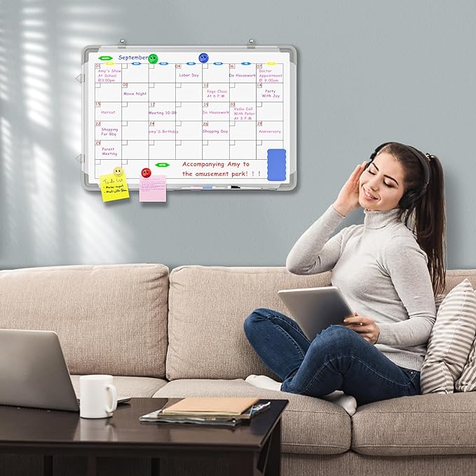 Large Dry Erase Calendar Whiteboard for Wall, Polegas 24" X 18" Magnetic White Board Calendar, Double Sided Whiteboard Calendars Dry Erase, Wall Hanging Monthly Board for Home School Office