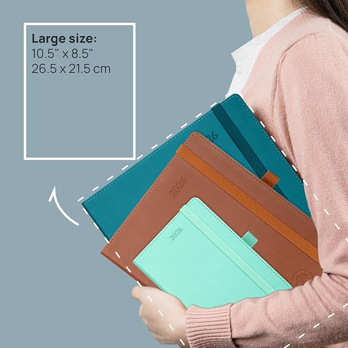 POPRUN 2026 Planner (Large - 8.5'' x 10.5'') - 2026 Weekly Calendar (Jan. 2026 - Dec. 2026) with Hourly Time Slots, Weekly/Monthly Appointment Book for Time Management - Leather Soft Cover - Pacific Green