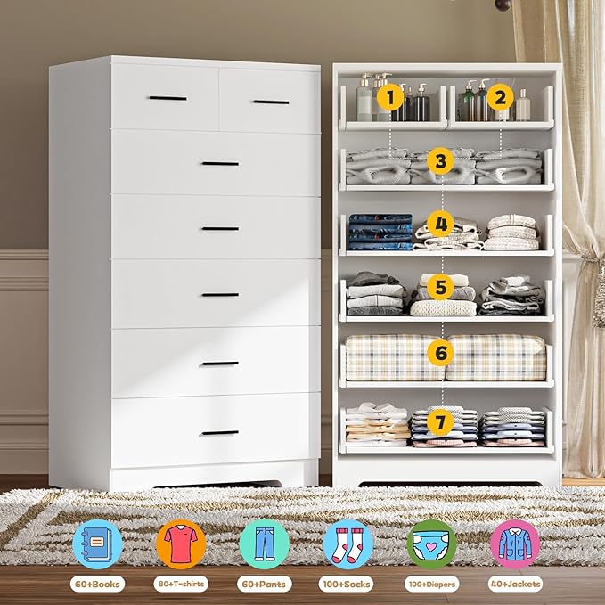 47.3" Tall Dresser for Bedroom Chests of Drawers with Charging Station 7 Drawer Dressers with Metal Slide Rail Modern Wood Closet Organizer with Large Storage for Home Office Entryway