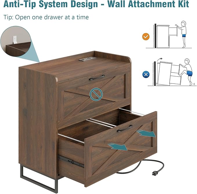Lateral File Cabinet 2 Drawer File Cabinet with Charging Station, Modern Farmhouse Large Wood File Storage Cabinet for Home Office Furniture(Dark Walnut)