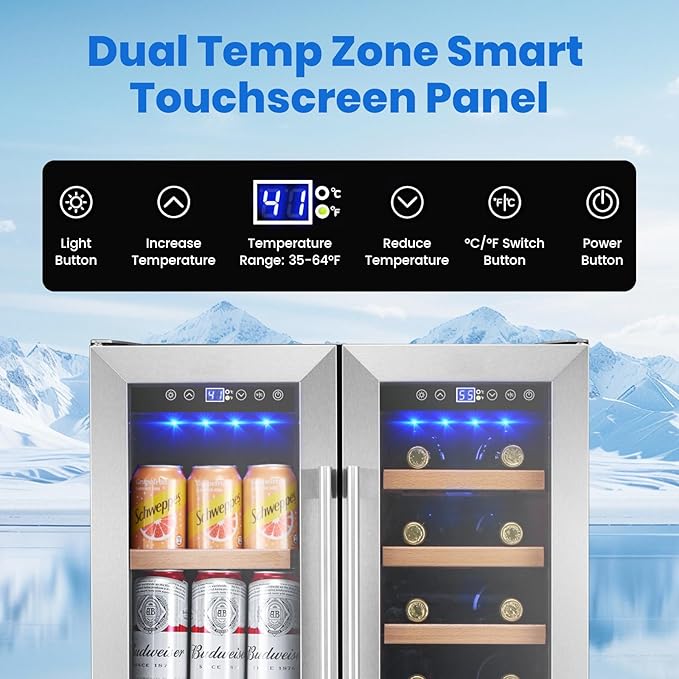 24 Inch Wine and Beverage Refrigerator Under Counter, Dual Zone 20 Bottles & 88 Cans Beverage Fridge with Stainless Steel Tempered Glass Door, Built-in/Freestanding Mini Fridge for Office/Bar/Kitchen