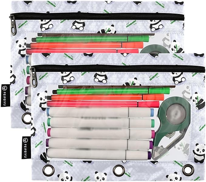 ZAZYXTJ Personalized Cute Panda Binder Pencil Pouchs 3 Ring with Zipper Clear Window Office Organizers bag for School Students Teacher Supplies 2 Pack