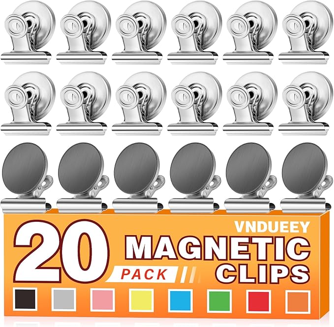 VNDUEEY 20 Pack Silver Magnetic Clips for Refrigerator, Strong Fridge Magnets Heavy Duty Magnet Clips Whiteboard Magnets, Magnetic Clips for Home School Office
