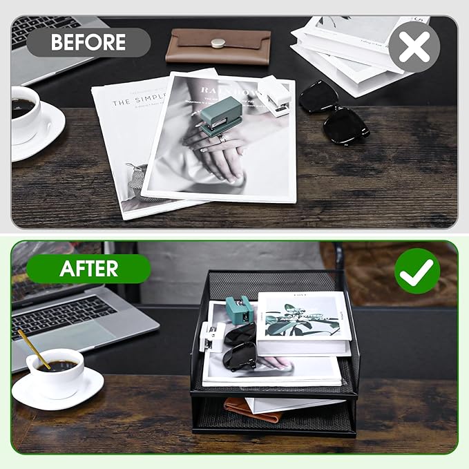 Magazine File Holder, 2 Pack Desk Organizer and Accessories, Metal Paper Tray Office Document Organizer Wire Mesh Letter Trays Stackable Desk File Storage Basket, Black