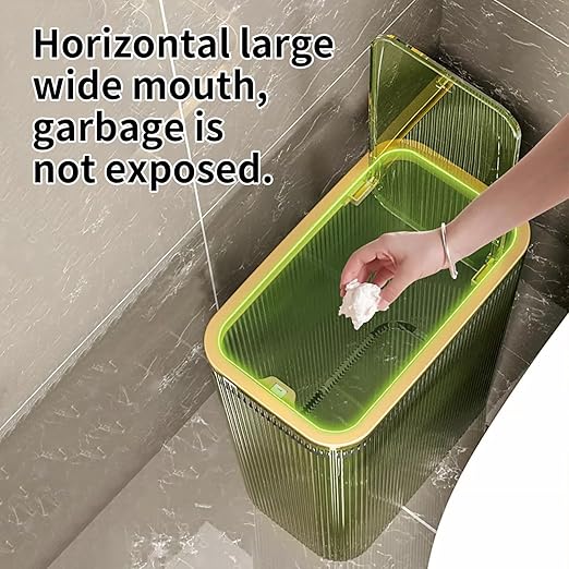 Transparent Trash Can, Bathroom Trash Cans with Lids, 2.6 Gallon Garbage Can for Bedroom, Office, Plastic Slim Waste Basket with Press Top Lid, 10L Clear Trash Bin for Home, Kitchen (Green)