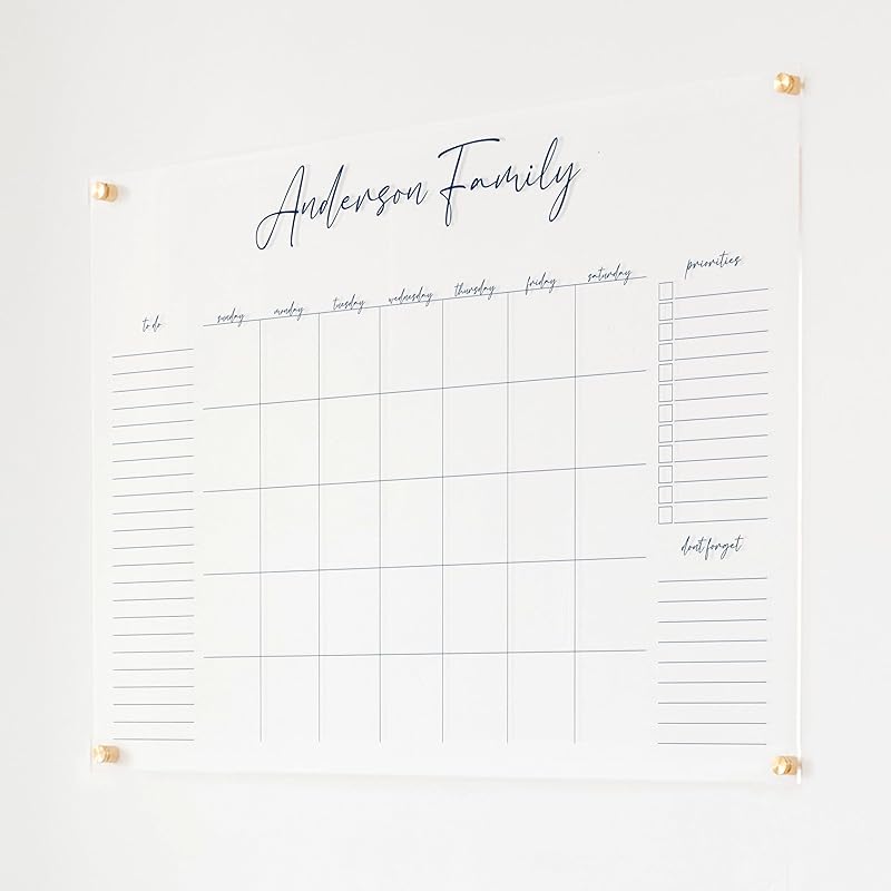 Personalized Clear Acrylic Calendar for Wall, Calendar Whiteboard for Wall, Dry Erase Wall Calendar, Wall Calendar Organizer System for Home (Cursive, Navy, 38"W x 26"H)