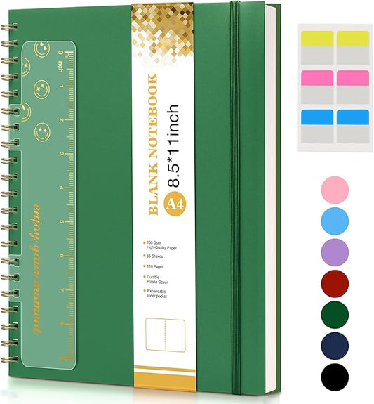 Blank Spiral Notebook Journal 8.5” x 11”, A4 Large Sketch Book for Women Men, 100 GSM Blank Paper Drawing Notebook, Plastic Hardcover Spiral Bound Sketchbook for Sketching Work School Writing, Green