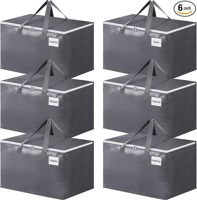 BlissTotes Large Moving Boxes and with Zippers & Handles Moving Supplies with lids, Heavy Duty Totes for Storage Bags for Space Saving, Fold Flat, Moving and Storing 125L, 6 Pack