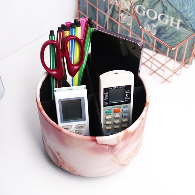 Round Leather Art Supply Organizer,Remote Control Holder,360-degree Rotating Pen Organizer with 4 Compartments(1-Marble Pink)