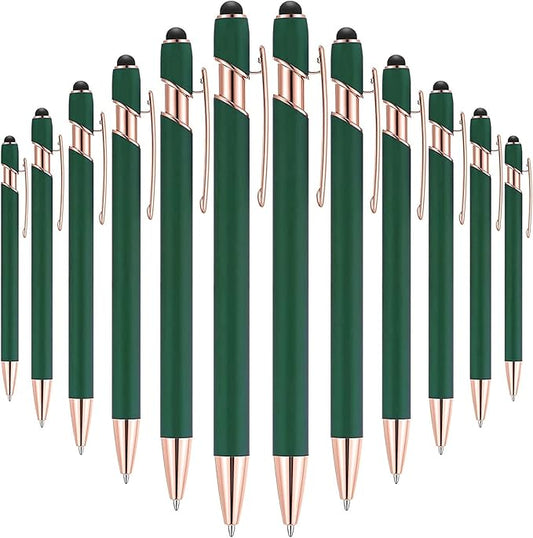 Tenare 12 Pieces 2 in 1 Stylus Metal Ballpoint Pen with Stylus Tip, 1.0 mm Black Ink Ballpoint Pen for Touch Screens(Green and Rose Gold)