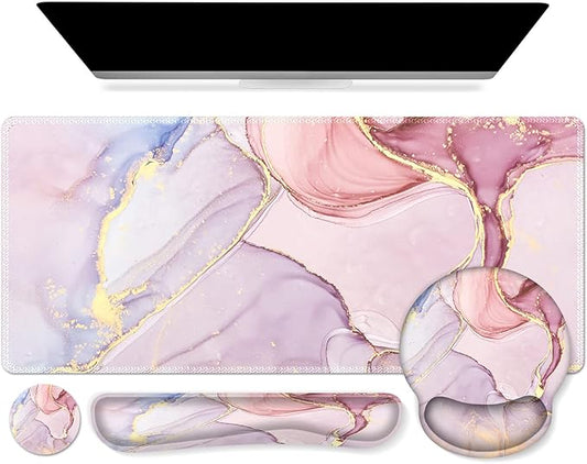 iCasso Desk Mat, Gaming Mouse Pad Wrist Support Set,4in1 XXL Large Mousepad + Keyboard Wrist Rest+Mouse Wrist Rest+Coaster Set with Ergonomic Design for Home Office Table Computer-Glitter Marble