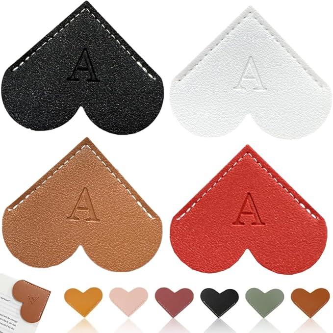 Personalized Leather Heart Bookmark, 26 Letters Customized Corner Book Mark for Reading Women, Book Marker with Initials，Cute Gifts (Black+White+Dark Brown+Red, A)