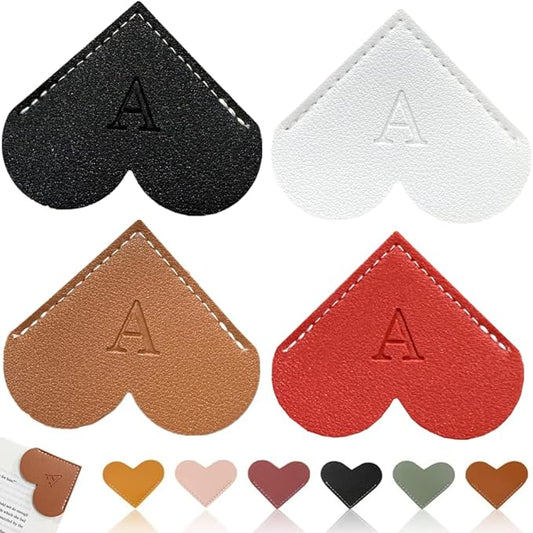 Personalized Leather Heart Bookmark, 26 Letters Customized Corner Book Mark for Reading Women, Book Marker with Initials，Cute Gifts (Black+White+Dark Brown+Red, A)