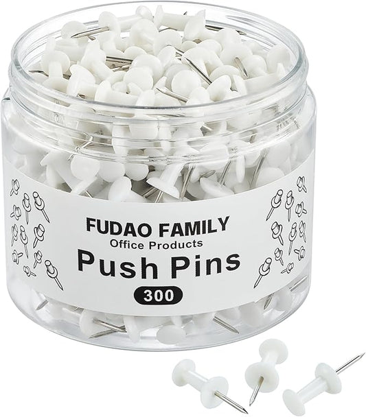 FUDAO FAMILY 300pcs Push Pins for Bulletin Board, Thumb Tacks for Wall Corkboard, Map Pins - Home Office Craft Projects Plastic Head Steel Push Pin (White)