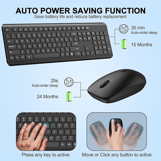 Wireless Keyboard and Mouse Combo, Full Size Silent Ergonomic Keyboard and Mouse, Long Battery Life, Optical Mouse, 2.4G Lag-Free Cordless Mice Keyboard for Computer, Mac, Laptop, PC, Window(2 Pack)